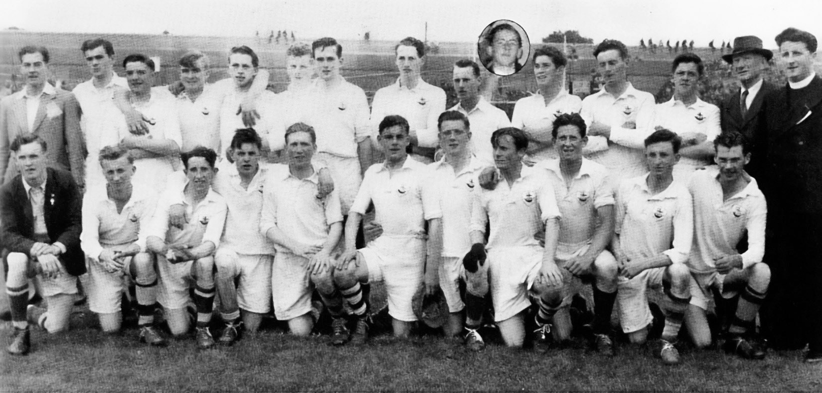 Galway All-Ireland Minor Football Champions 1952 (Photo semi-final v Cork)Front Row: (left to right) Laurence (Lory) Cunningham, Mick Geraghty, Mark Lohan, Brian Waldron, Albert Kelly, Mick Ryan, Eugene Dunleavy, Brian Mahon captain, Martin Kelly, Sean Hoban, Tommy Brosnan. Back Row: (left to right) Patsy Geraghty selector, Brendan O'Donoghue, Paddy Coady, Brian Naughton, Tommy O'Toole, Jimmy Staunton, Gerrry Kirwan, Seamus Kyne, Kevin Cummins, Inst Mick Hawkshaw, Liam Manning, Johnny Joyce, Seamus Mitchell, Johnny Cotter Vice Chairman and Fr. Paddy Mahon Chairman Galway Football Board. 