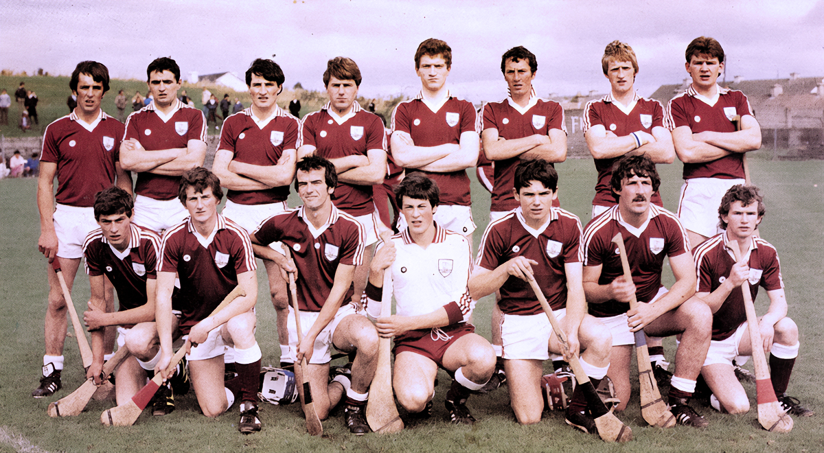 ALL-IRELAND UNDER-21 HURLING CHAMPIONS 1983. The Galway team who defeated Tipperary at O'Connor Park Tullamore 0-12 to 1-6. In front, from left: Michael Coleman, Gerry Burke, John Murphy, Tommy Coen, Michael McGrath, Peter Casserly (captain), Albert Moylan. At back, from left: Brendan Dervan, Paschal Healy, Aidan Staunton, Ollie Kilkenny, Martin Donoghue, Michael Costello, Tony Keady, Peter Finnerty.