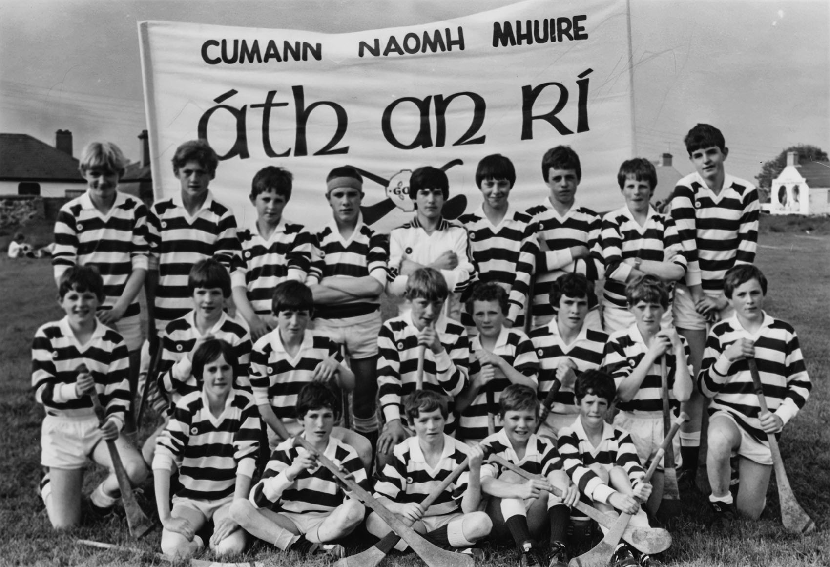 Tommy Madden of Derrydonnell A.C., pictured with local supporters following his victory in the County Cross-Country Championships in 1954 in the grounds of Liam Mellowes College, known then as the Farmyard. Carrying Tommy are Dinny Sullivan (Club Secretary) and John Joe Ruane. Also in the picture are Michael Freaney, Tomsie Cannon, Frank Rabbitte, Ned Qualter and Michael Madden. 