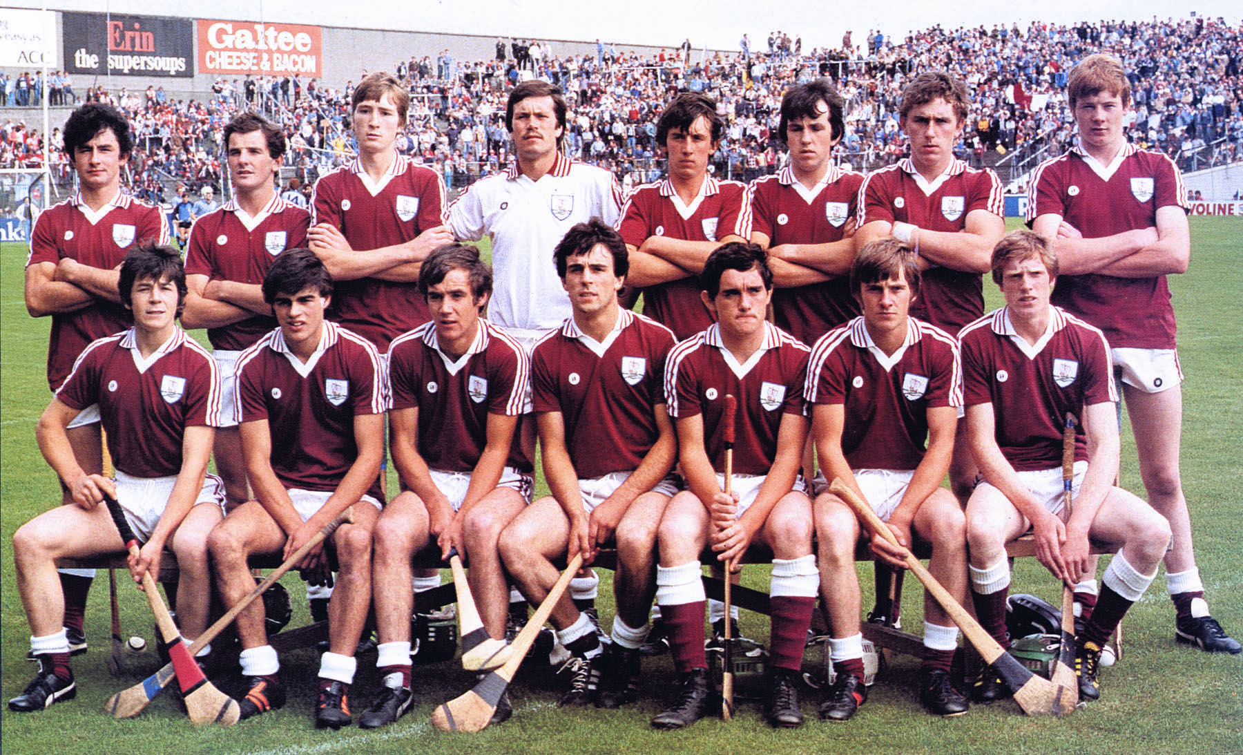 1983 All-Ireland Minor Hurling champions, Galway. A first victory for the county in the All-Ireland Minor Championsip, at Croke Park on September 14th, 1983 defeating Dublin 0-10 to 0-7. In front, from left: Pat Higgins (Athenry), Gerry McInerney (Kinvara), Pat Malone (Oranmore-Maree), Anthony Cunningham, captain (St Thomas’s), Martin Killeen (Beagh), Pádraig Brehony (Tynagh-Abbey-Duniry), Joe Cooney (Sarsfields).  At back: Declan Jennings (Kiltormer), Seán Keane (Beagh), Tom Monaghan (Killimordaly), John Commins (Gort), Tom Maloney (Tynagh-Abbey-Duniry), Pakie Dervan (Kiltormer), John Joe Broderick (Killimor), Seán Treacy (Portumna).